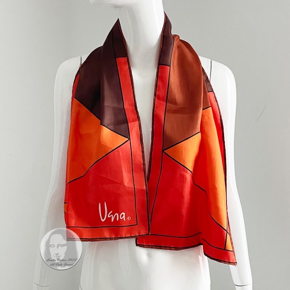 Vera Neumann Silk Scarf Shawl Stole Orange Brown Geometric Print Vintage - Picture 2 of 10